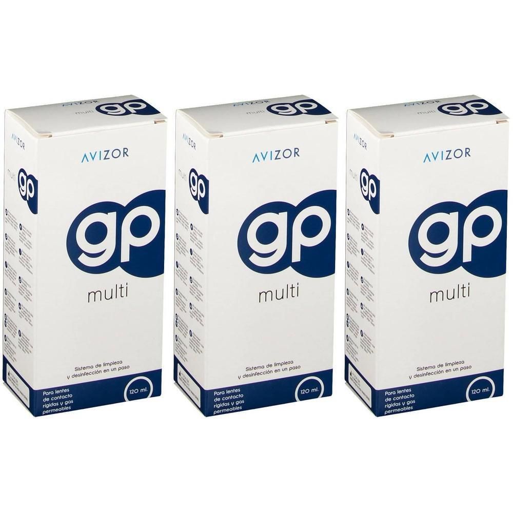 Trois boîtes blanches avec logo bleu "gp multi" et texte "AVIZOR". Texte en espagnol. 120 ml.