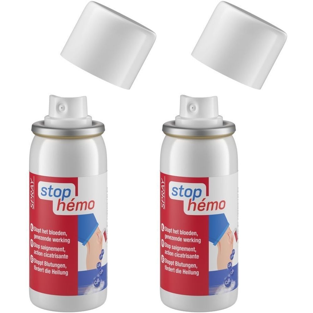 Deux sprays avec bouchons blancs. Inscription "stop hémo" et informations produit sur fond rouge.