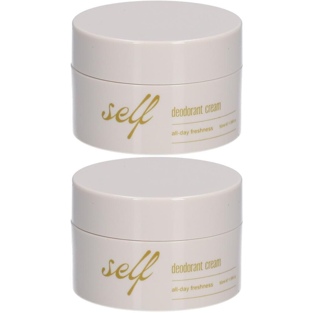 Deux pots crème avec couvercles. Inscription "self deodorant cream all-day freshness". Texte doré.