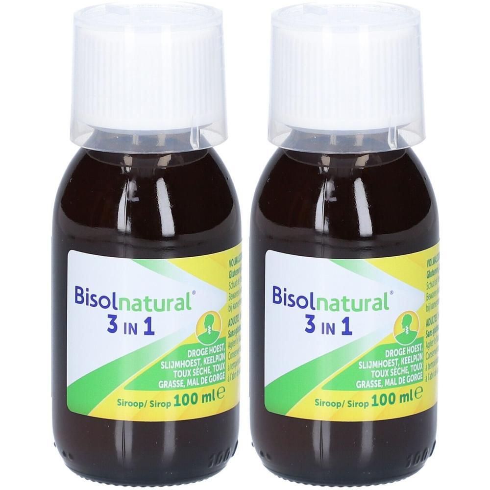 Deux flacons de sirop Bisolnatural 3 en 1. Liquide brun dans des flacons en verre avec bouchon blanc. Étiquette avec informations.