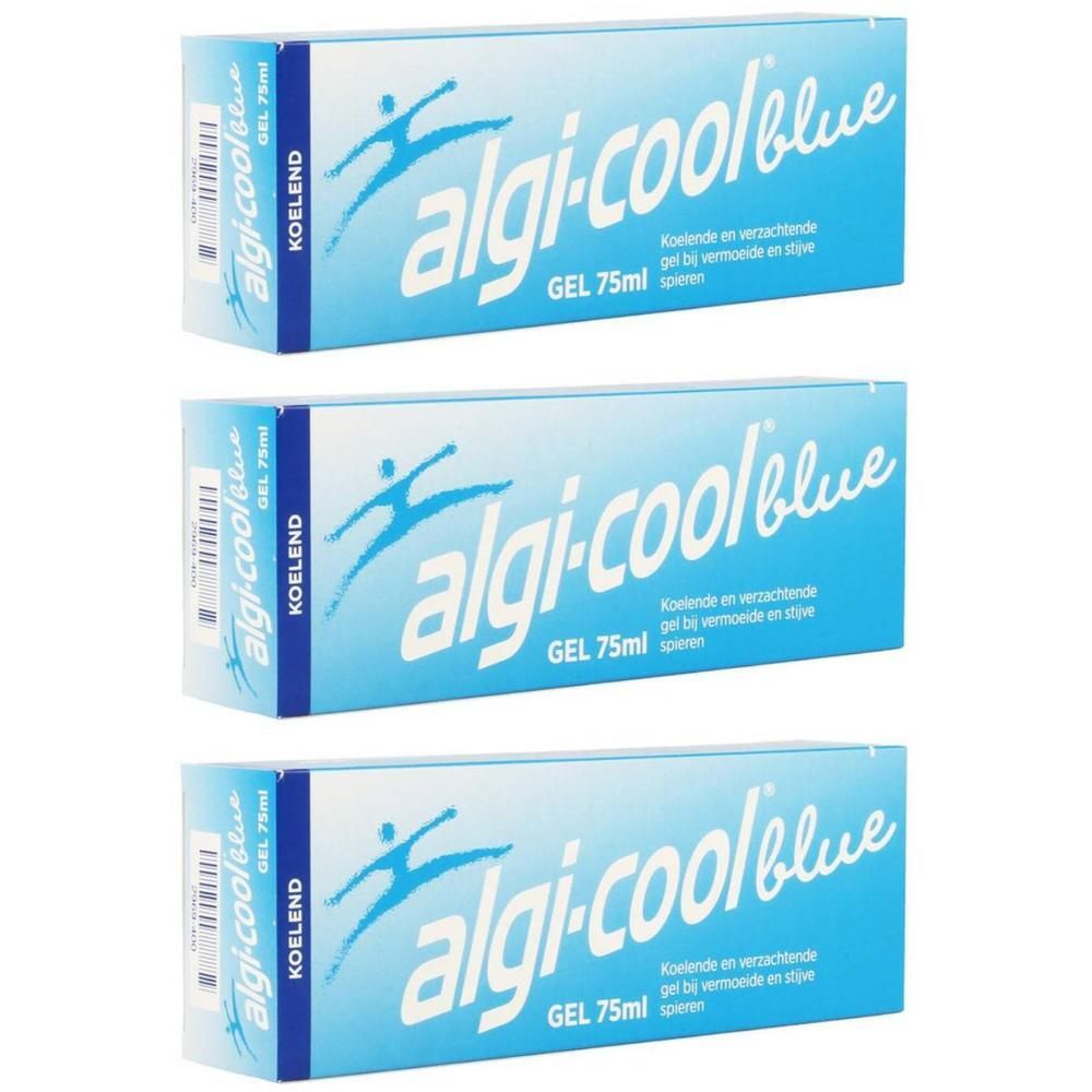 Trois boîtes bleues avec texte blanc et logo. Inscription: algi-cool blue GEL 75ml.