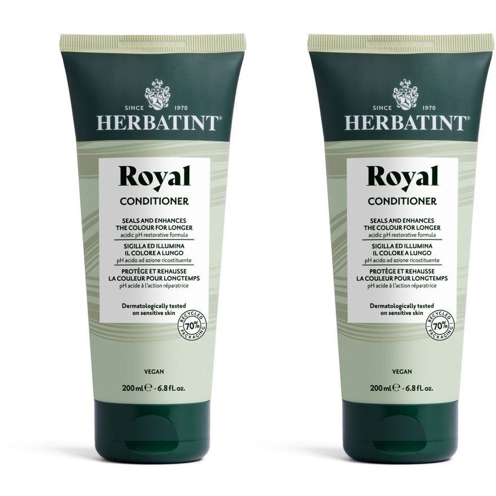 Deux tubes de Herbatint Royal Conditioner. Design vert et blanc, texte noir. Vegan, testé dermatologiquement. 200ml.