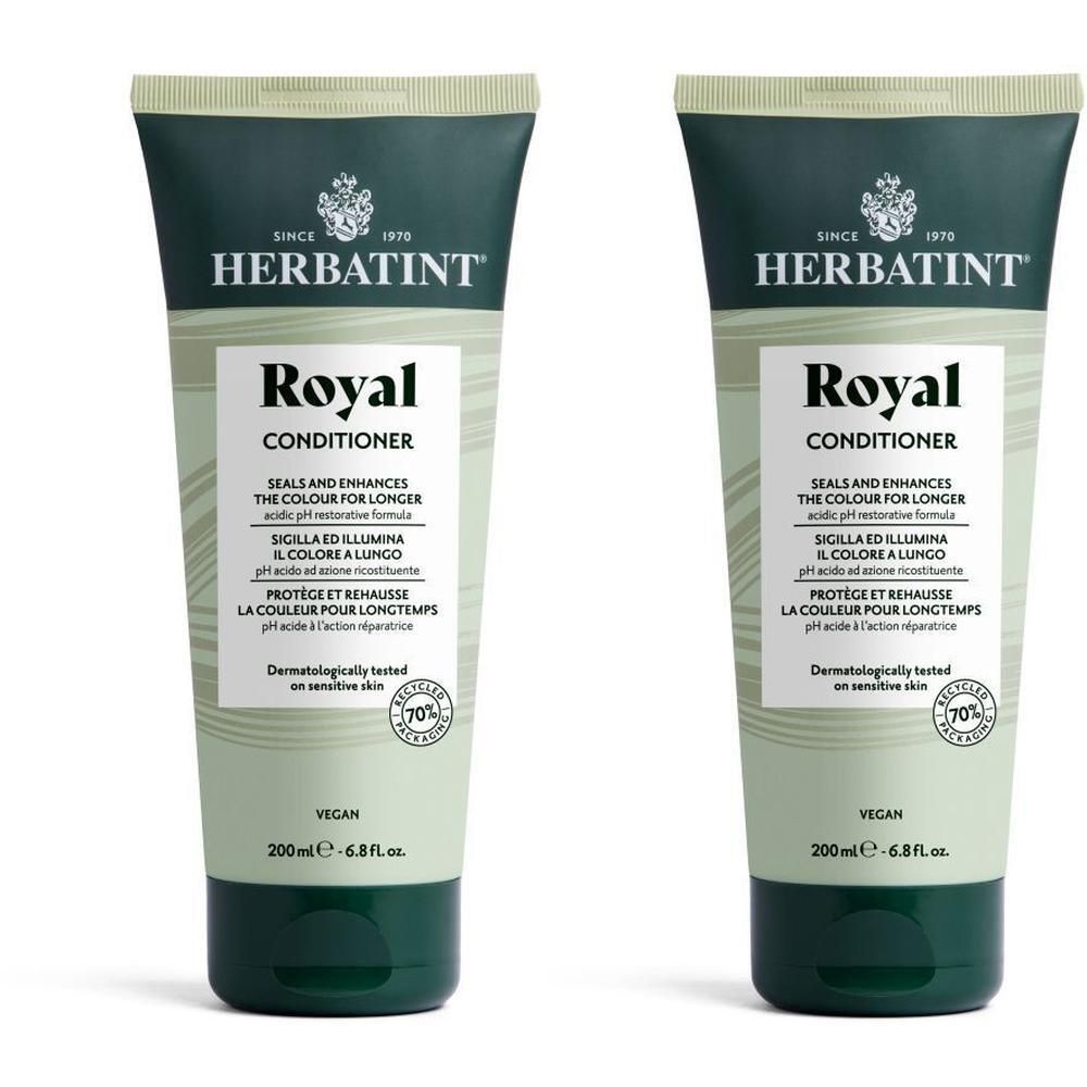 Deux tubes de Herbatint Royal Conditioner. Design vert et blanc, texte noir. Vegan, testé dermatologiquement. 200ml.