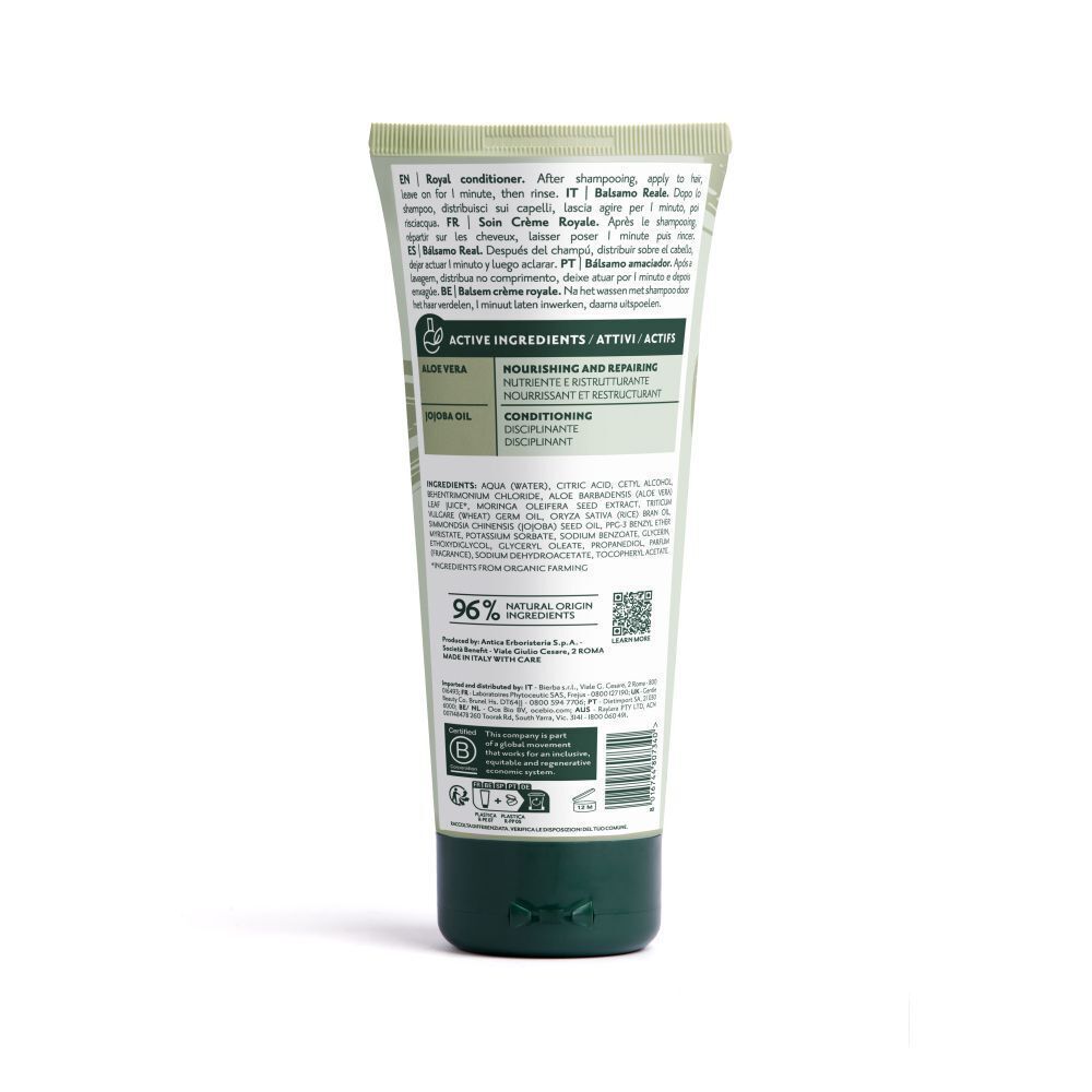 Dos d'un tube Herbatint Royal Conditioner. Contient ingrédients et instructions. 96% d'origine naturelle.