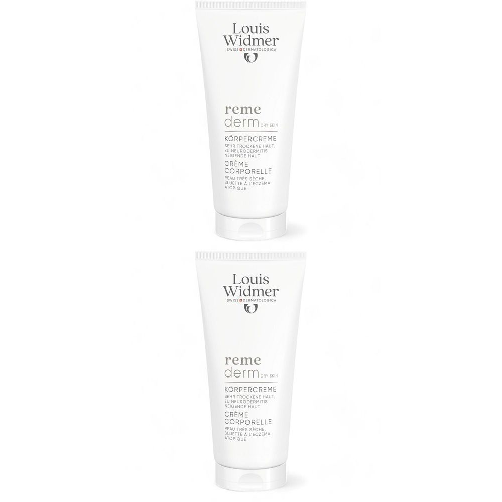 Deux tubes de crème pour le corps Louis Widmer Remederm. Tubes blancs avec texte gris. Nom du produit et logo visibles.