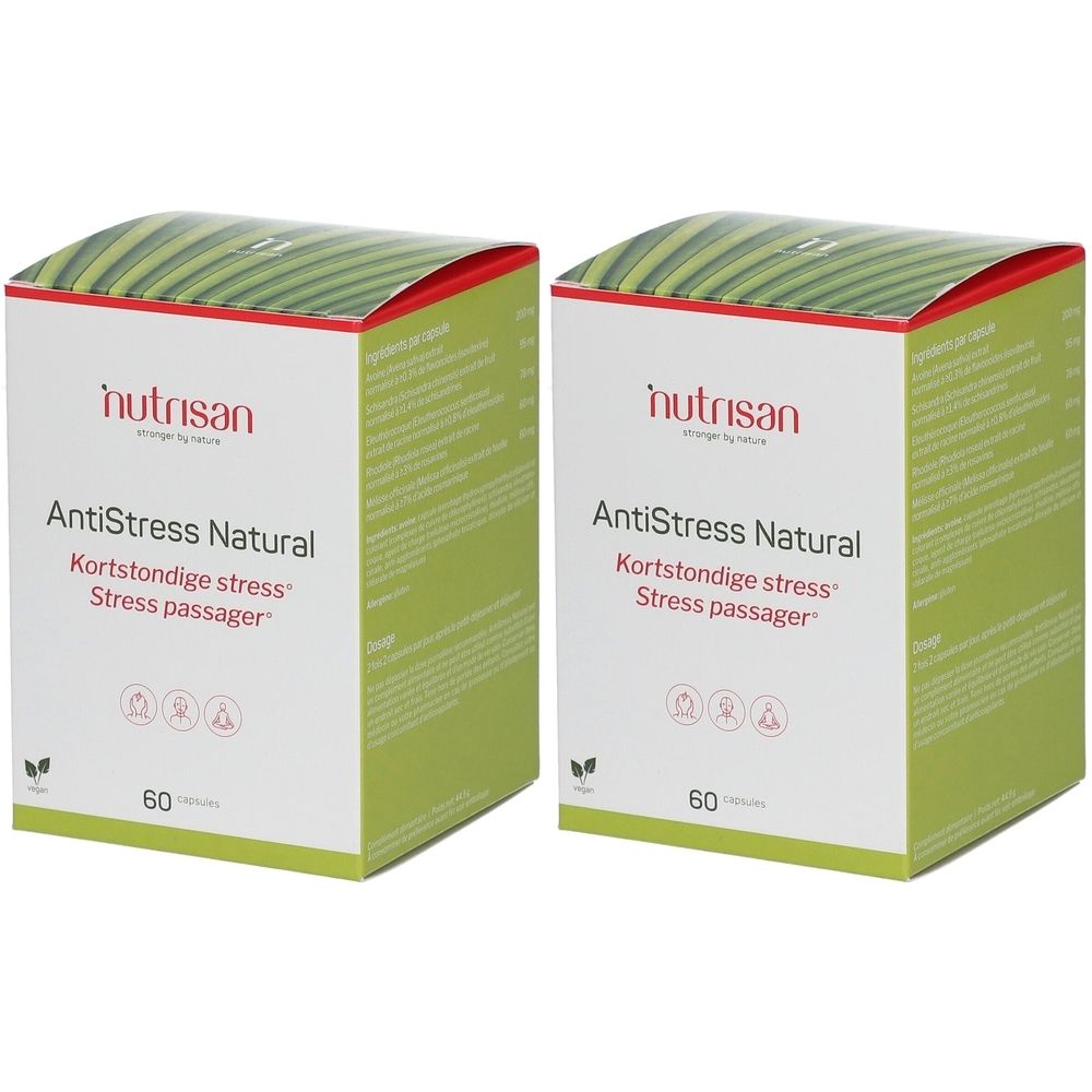 Deux boîtes Nutrisan AntiStress Natural. Inscription: AntiStress Natural, 60 comprimés. Emballage vert et blanc.