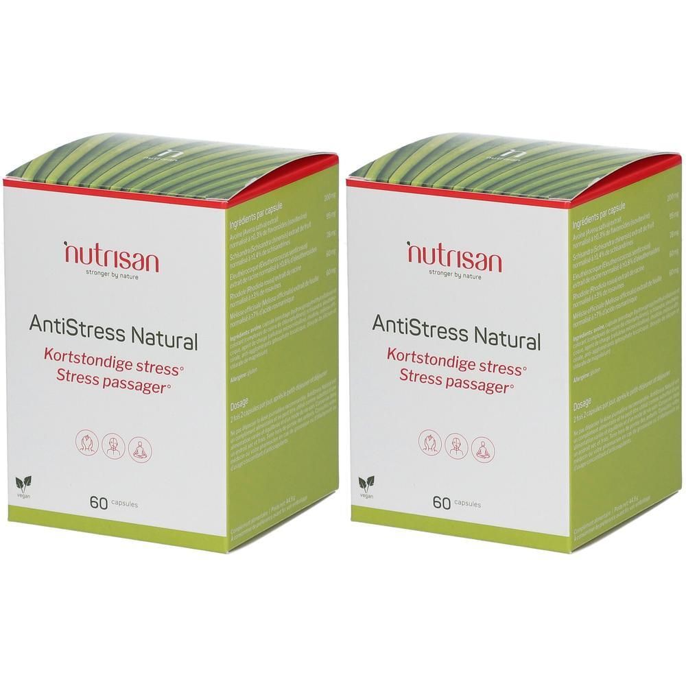 Deux boîtes Nutrisan AntiStress Natural. Inscription: AntiStress Natural, 60 comprimés. Emballage vert et blanc.
