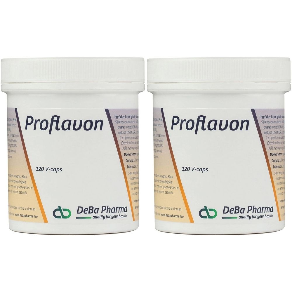 Deux pots blancs avec "Proflavon" et "120 V-caps". Logo DeBa Pharma. Contenu visible.
