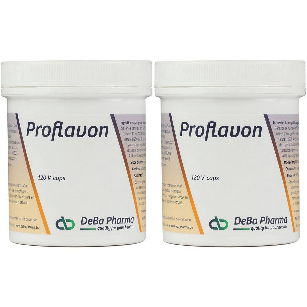 Deux pots blancs avec "Proflavon" et "120 V-caps". Logo DeBa Pharma. Contenu visible.
