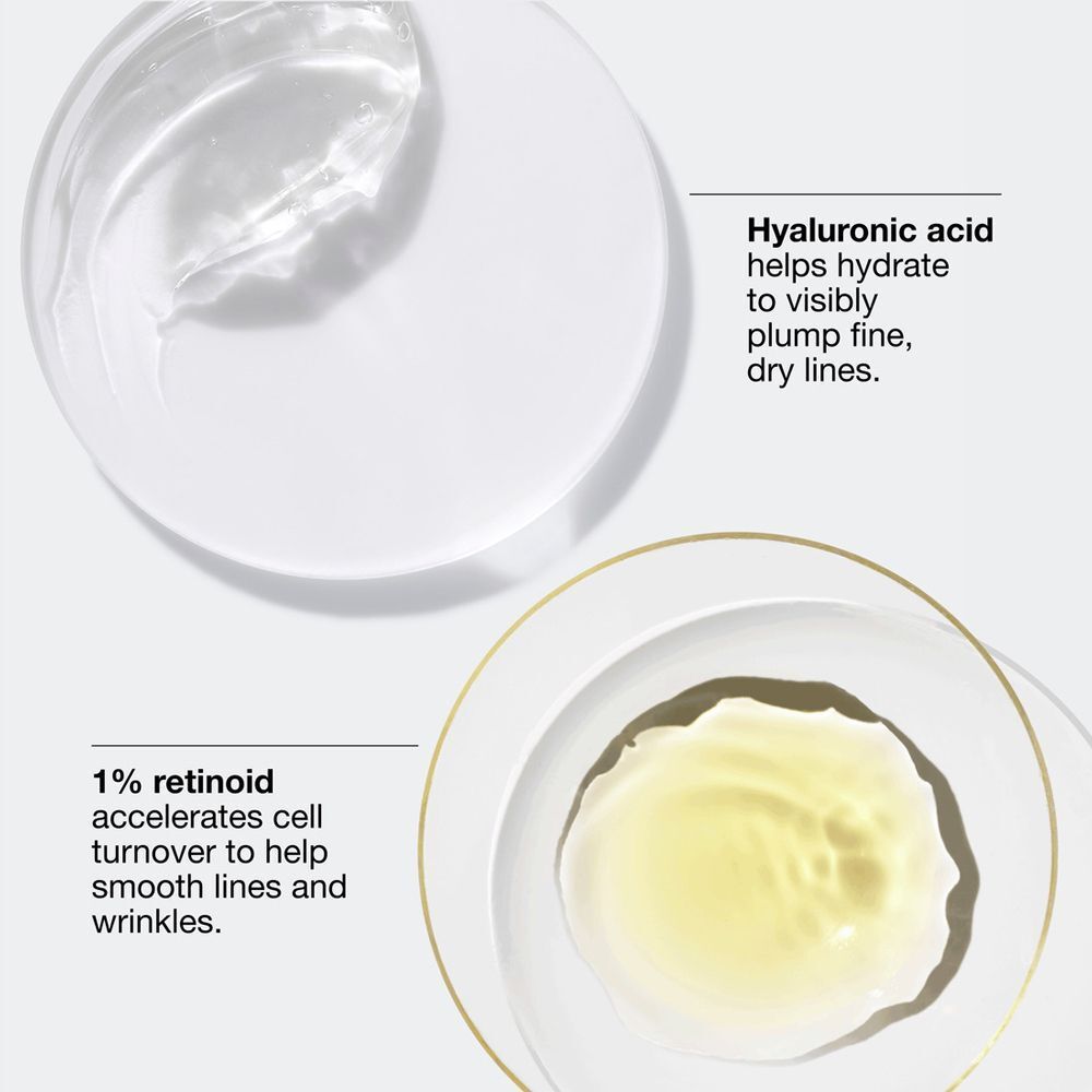 Deux liquides transparents sur une surface blanche. Texte: "L'acide hyaluronique aide à repulper visiblement les ridules sèches".