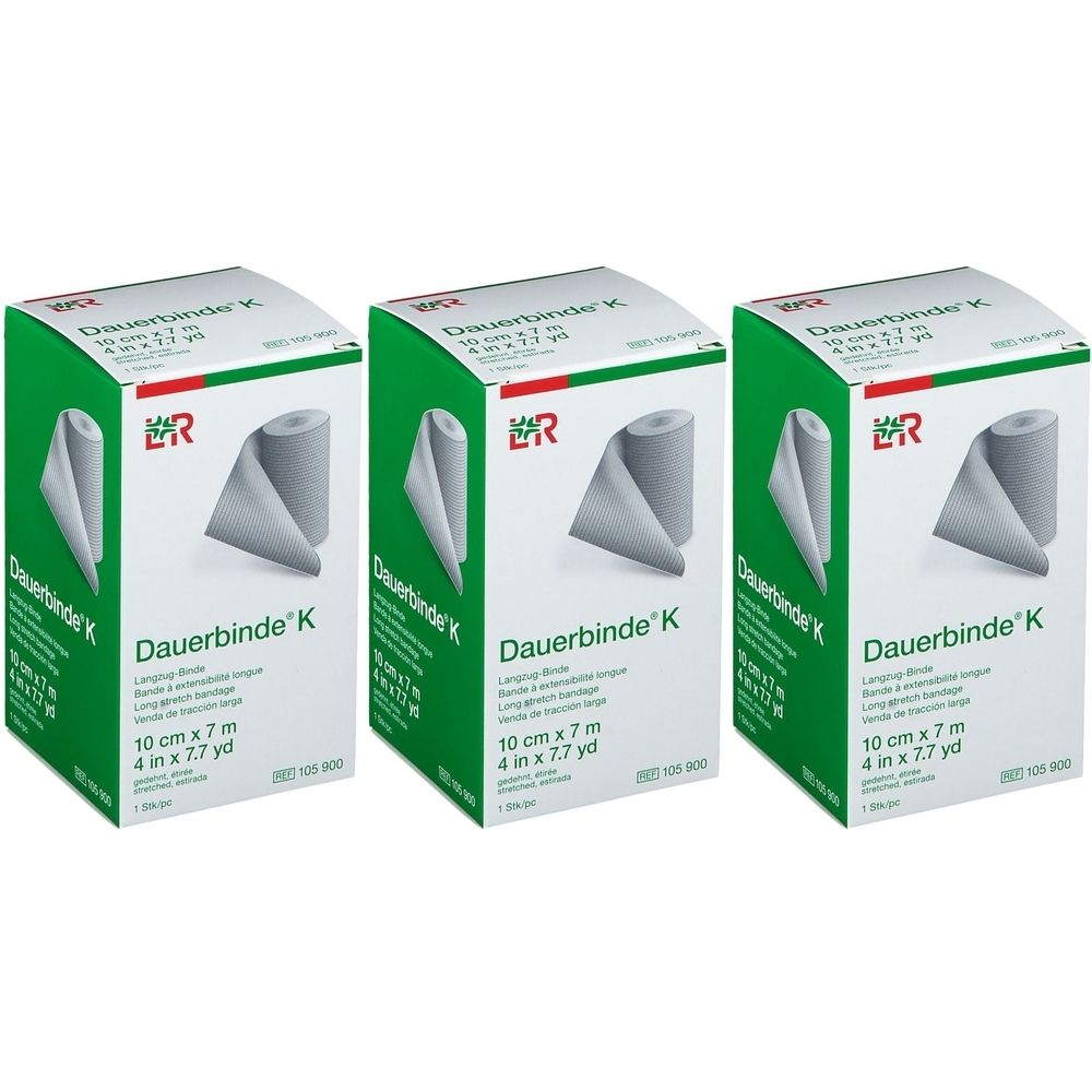 Trois boîtes vertes de bandage Dauerbinde K. Inscription : 10 cm x 7 m. Marque : Lohmann & Rauscher. Bandage enroulé représenté.