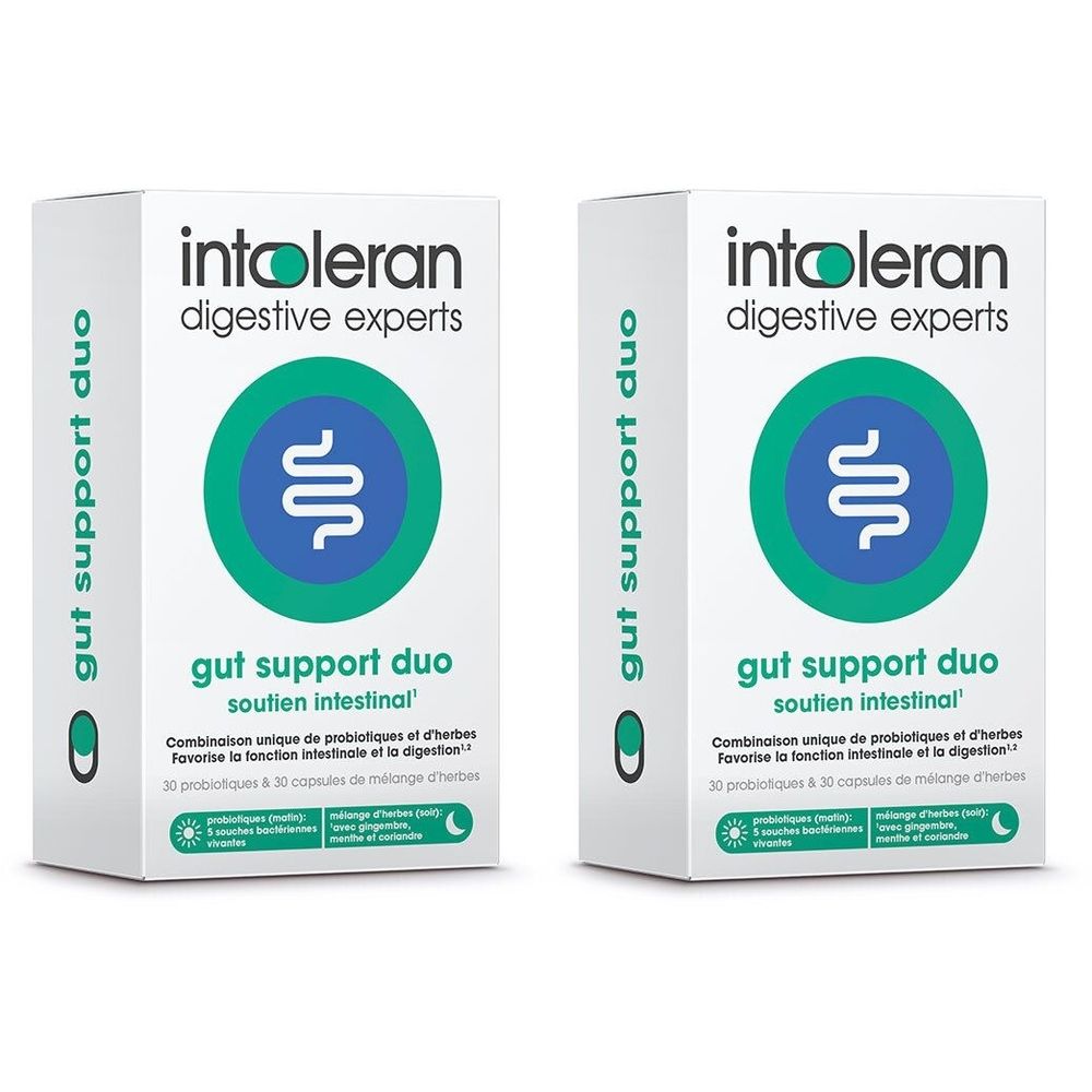 Deux boîtes blanches avec logo vert et bleu. Inscription: Intoleran digestive experts, Gut Support Duo. Contient 30 probiotiques et 30 gélules.