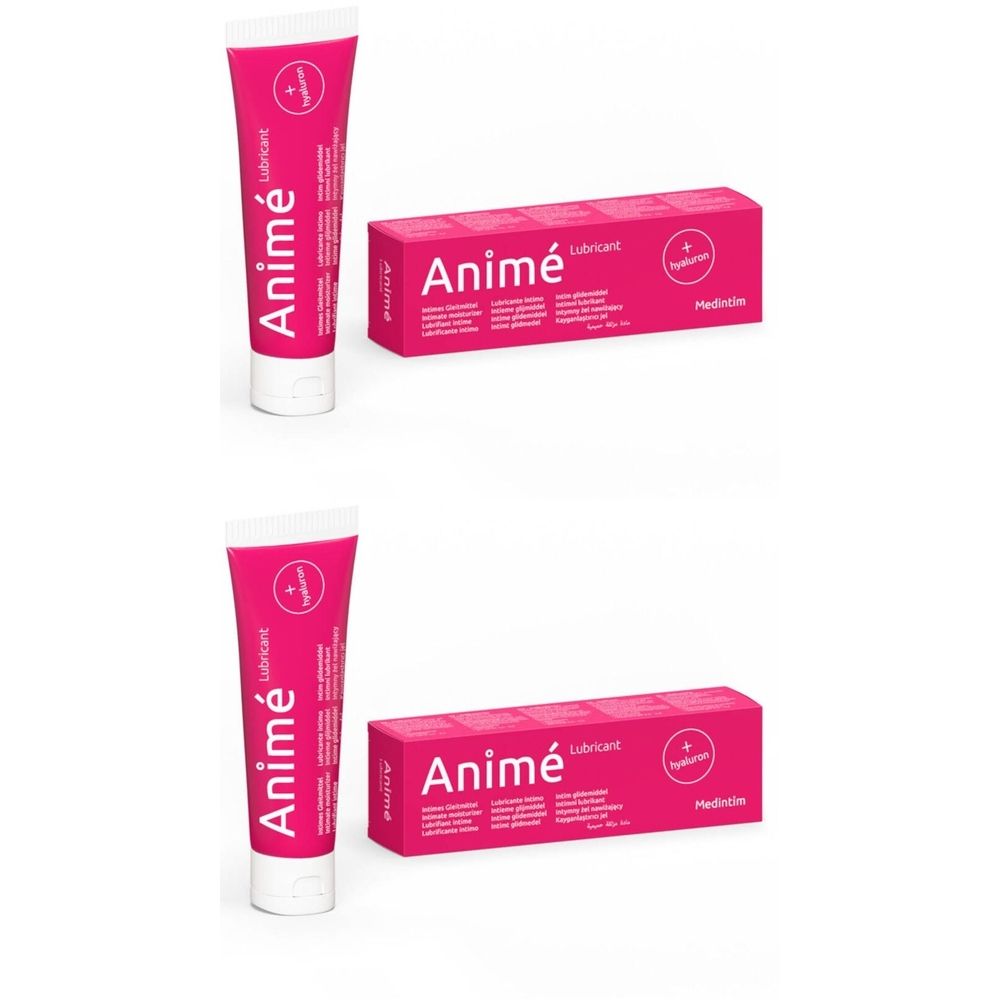Tube et boîte roses. Inscription "Animé Lubricant". Contient de l'acide hyaluronique. Tube blanc avec texte rose. Boîte rose avec texte blanc.