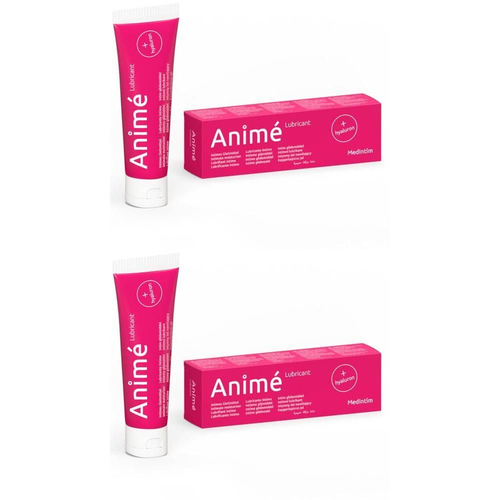 Tube et boîte roses. Inscription "Animé Lubricant". Contient de l'acide hyaluronique. Tube blanc avec texte rose. Boîte rose avec texte blanc.