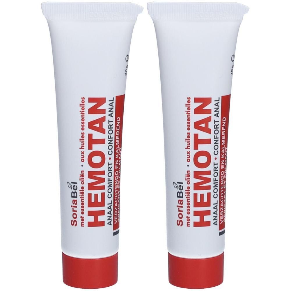 Deux tubes blancs avec bouchon rouge. Inscription: HEMOTAN, SoriaBel, aux huiles essentielles, confort anal.