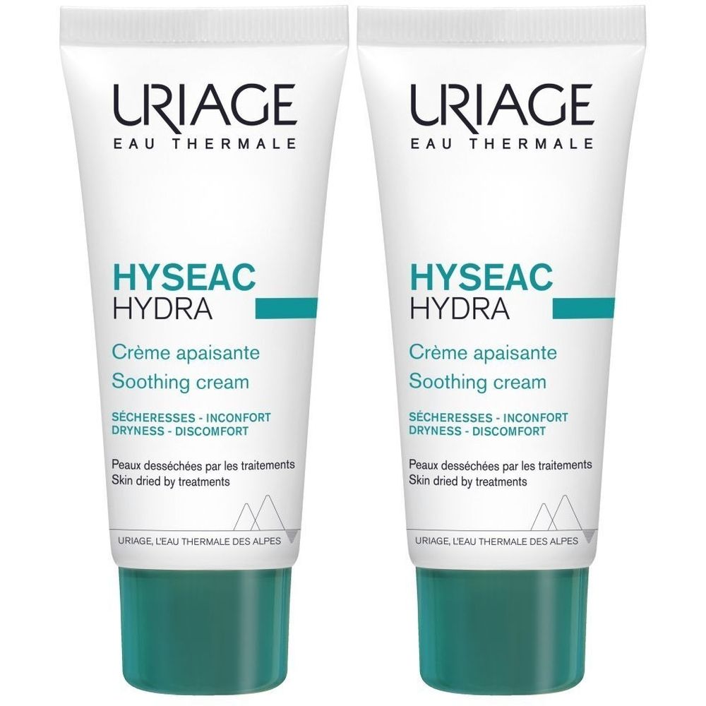 Deux tubes de crème apaisante Uriage Hyseac Hydra. Blanc, avec des accents verts et du texte. Nom du produit et marque visibles.