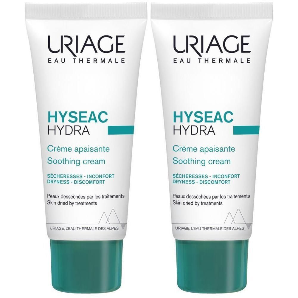 Deux tubes de crème apaisante Uriage Hyseac Hydra. Blanc, avec des accents verts et du texte. Nom du produit et marque visibles.