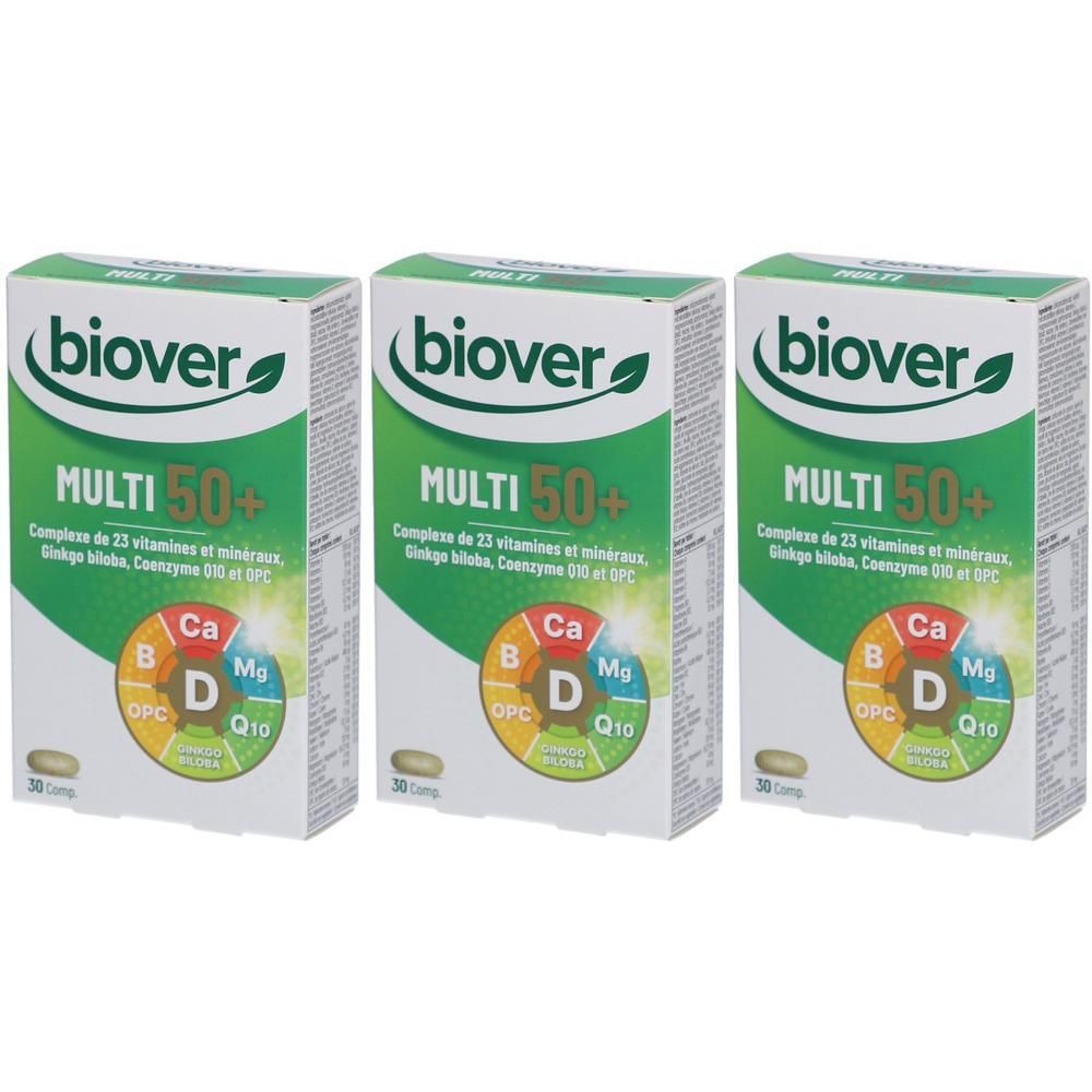Trois boîtes Biover Multi 50+. Emballage vert et blanc avec nom du produit et informations sur les vitamines et minéraux. 30 comprimés.
