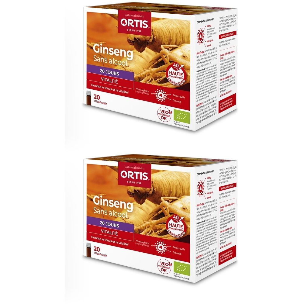 Deux boîtes Ortis® Ginseng Bio. Inscription: Ginseng, sans alcool, 20 jours, Vitalité. Avec label bio et VEG-OK.