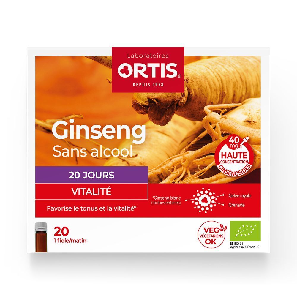 Boîte Ortis® Ginseng Bio. Inscription: Ginseng, sans alcool, 20 jours, Vitalité. Avec label bio et VEG-OK. Une ampoule visible.