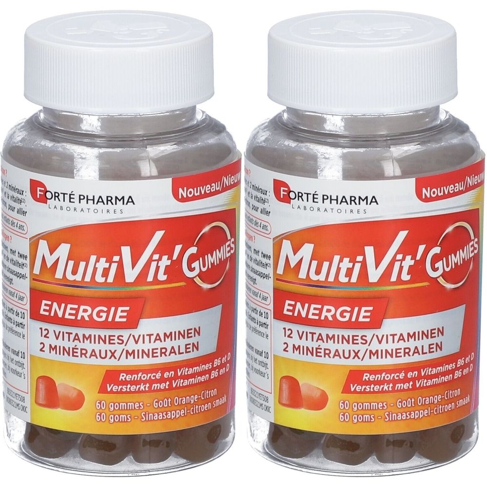 Deux flacons de FORTE PHARMA Multivit' Gummies. Étiquettes rouges avec texte. 60 gommes par flacon. Bouchons blancs.