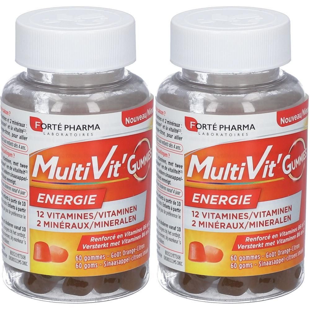 Deux flacons de FORTE PHARMA Multivit' Gummies. Étiquettes rouges avec texte. 60 gommes par flacon. Bouchons blancs.