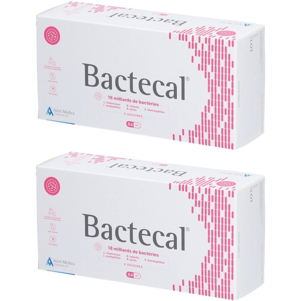 Deux boîtes blanches avec accents roses. Inscription Bactecal, 10 milliards de bactéries. Logo Axel Medica.