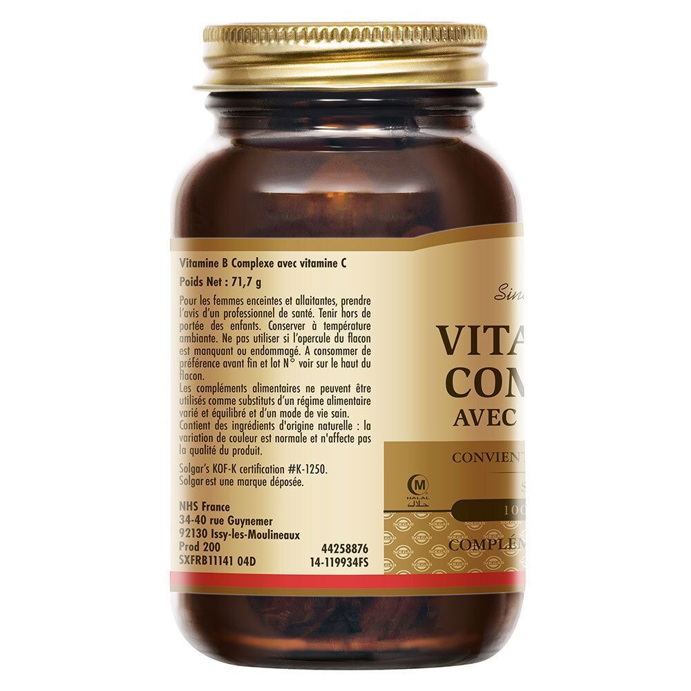 Flacon en verre brun avec bouchon doré. Dos avec texte: Vitamin B Complexe avec Vitamine C. Marque: Solgar. 100 comprimés.