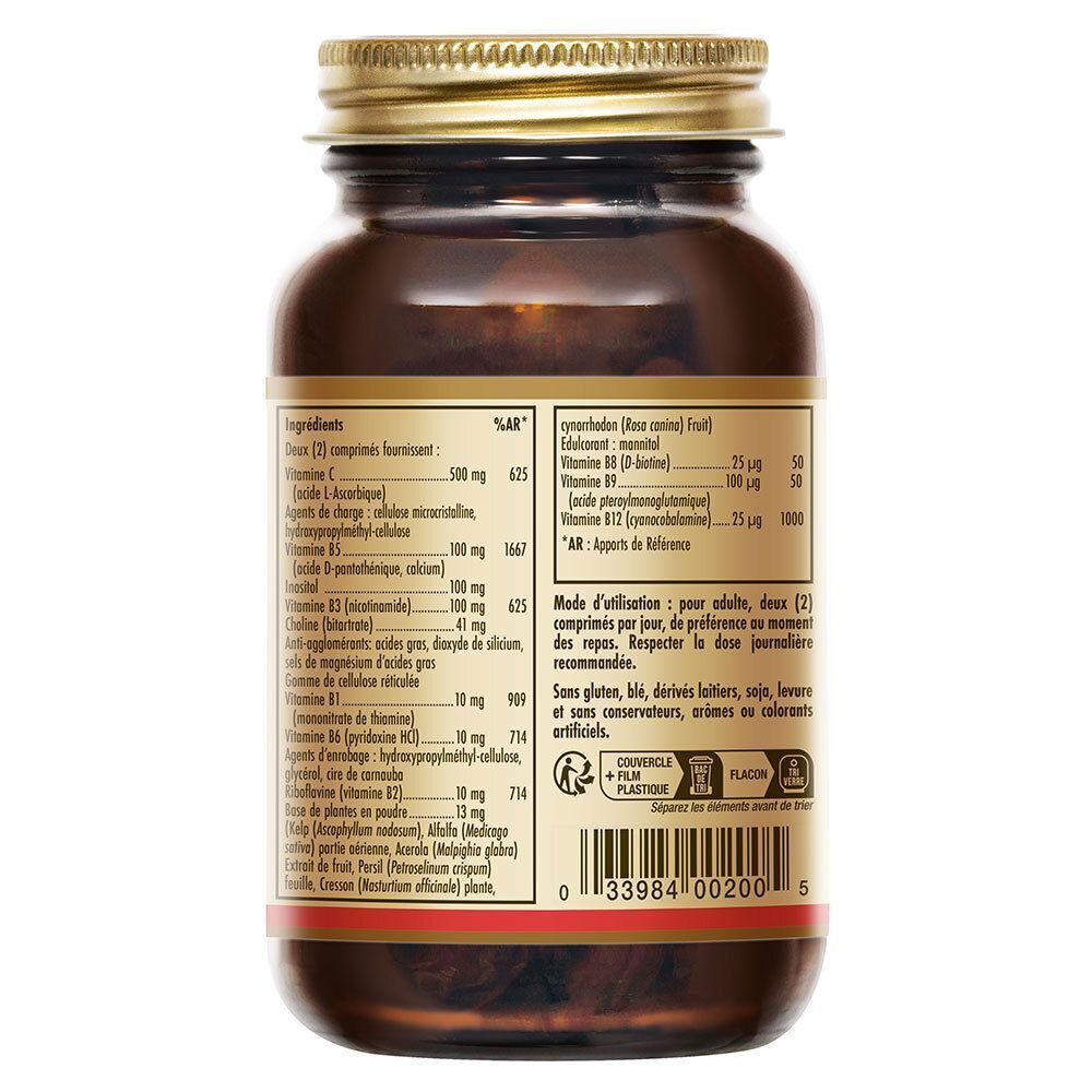 Dos d'un flacon en verre brun avec bouchon doré. Texte: Ingrédients, informations nutritionnelles. Marque: Solgar. 100 comprimés.