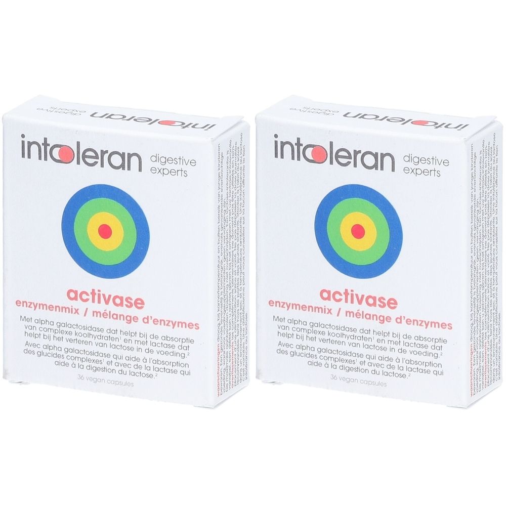 Deux boîtes blanches avec logo "intoleran" et texte "activase". Motif cible multicolore.