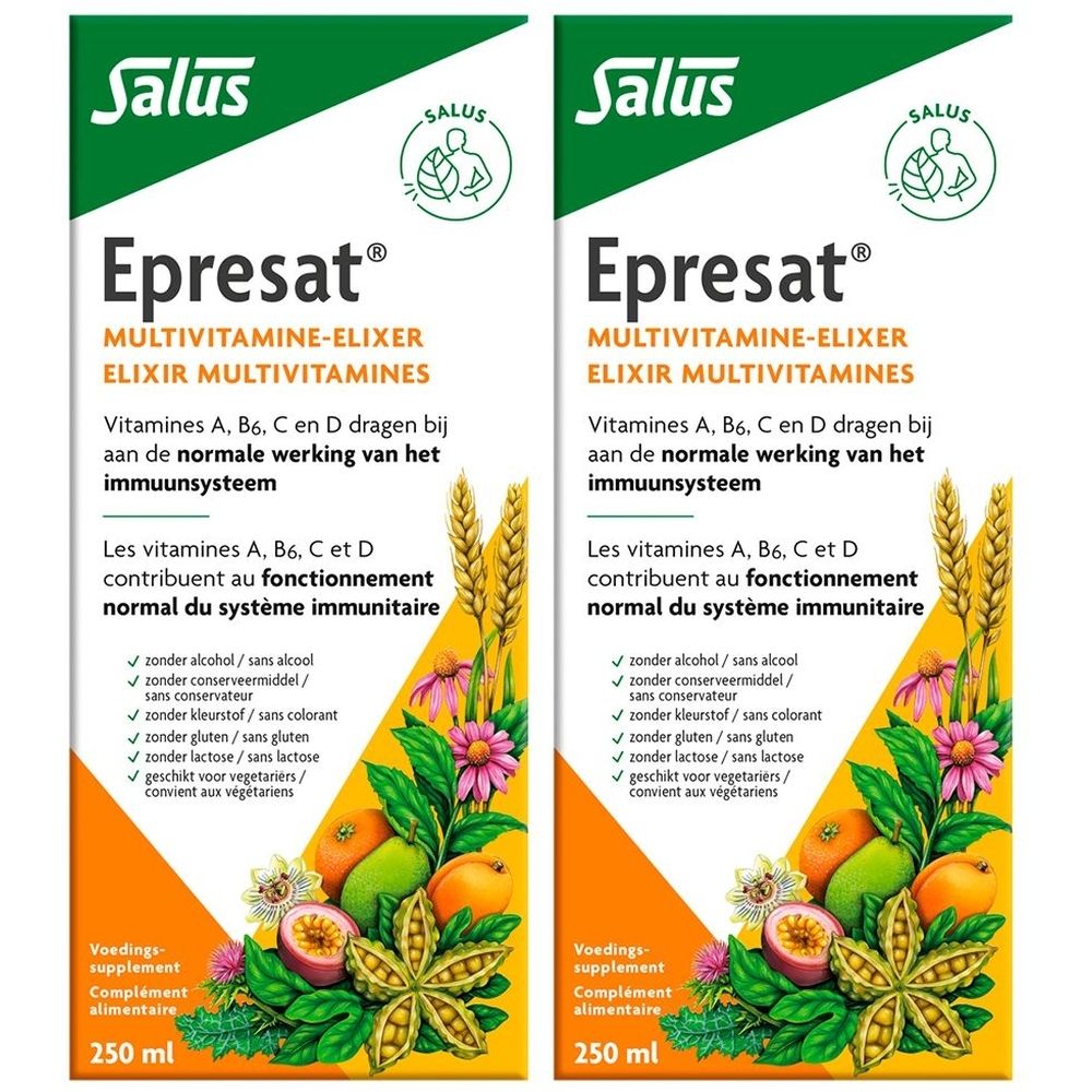 Deux flacons d'Elixir Multivitaminé Salus Epresat avec emballage. Flacons en verre brun avec bouchon doré. Impression avec nom du produit et ingrédients.
