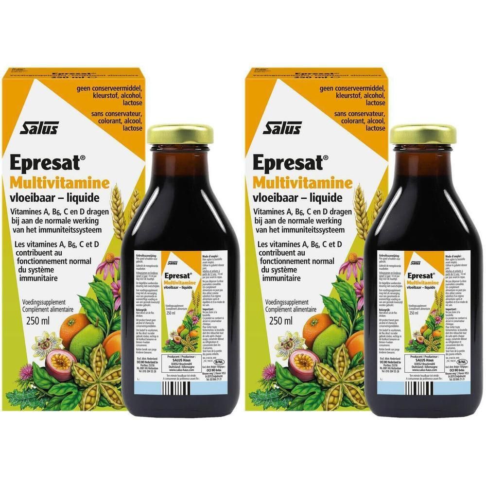 Deux flacons d'Elixir Multivitaminé Salus Epresat avec emballage. Flacons en verre brun avec bouchon doré. Impression avec nom du produit et ingrédients.