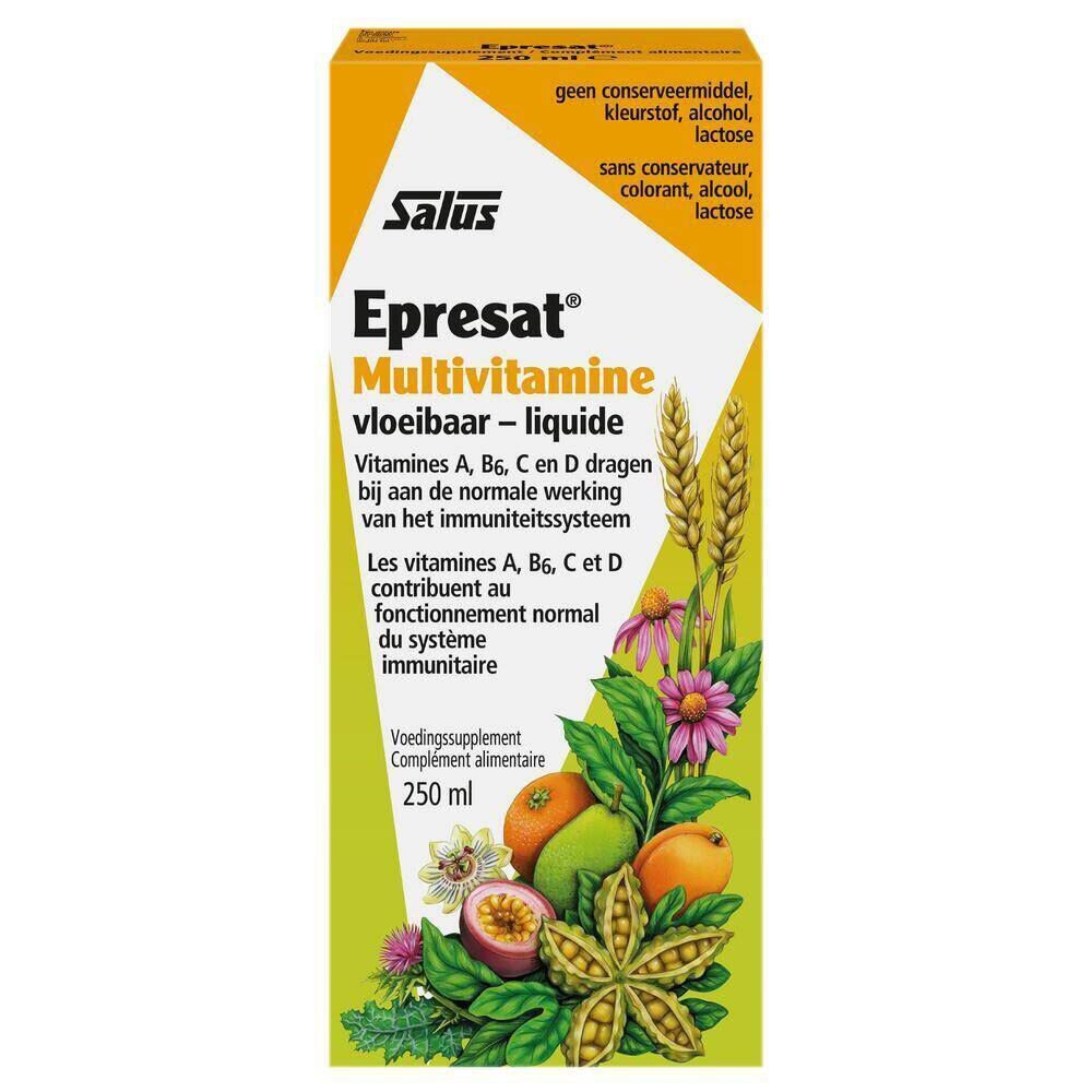 Emballage de Salus Epresat Multivitamine Elixir. Fond orange avec nom du produit et ingrédients. Illustration de fruits et de plantes.