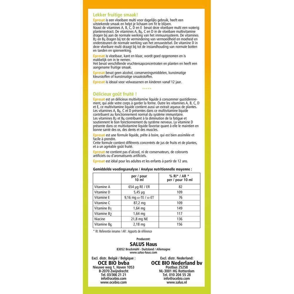 Dos de l'emballage de Salus Epresat Multivitamine Elixir. Texte en néerlandais et en français. Informations nutritionnelles et ingrédients.