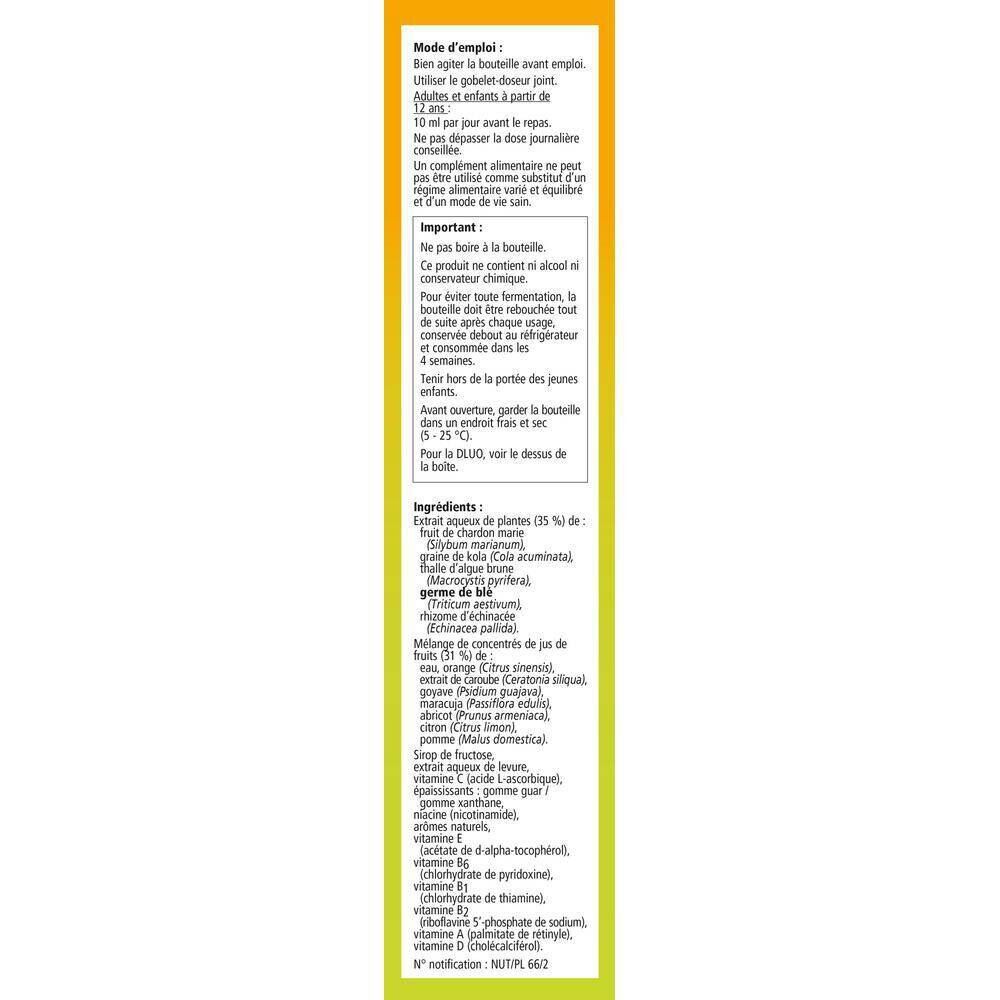 Côté de l'emballage de Salus Epresat Multivitamine Elixir. Texte en néerlandais et en français. Mode d'emploi et ingrédients.