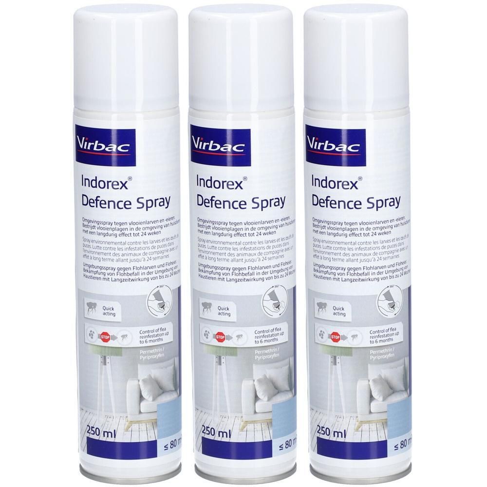 Trois flacons de spray avec bouchon blanc. Inscription : Indorex Defence Spray. 250 ml. Logo Virbac. Illustration d'une pièce.