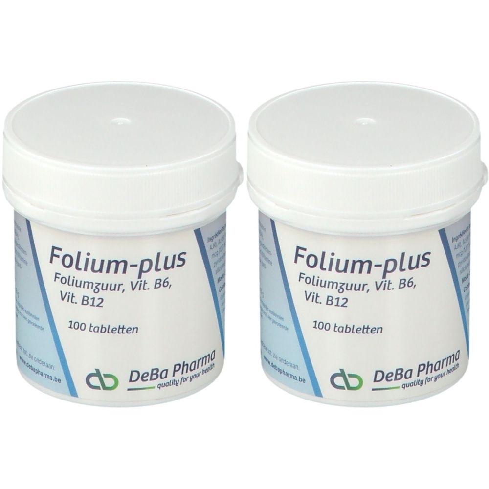 Deux pots blancs avec couvercles. Inscription: Folium-plus, acide folique, Vit. B6, Vit. B12. Marque DeBa Pharma.