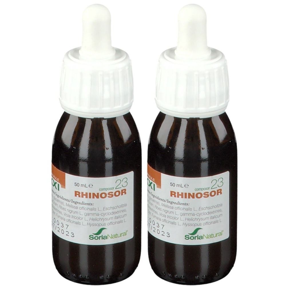 Deux flacons en verre brun avec pipettes blanches. Étiquettes avec texte: Rhinosor, Soria Natural. 50 ml.