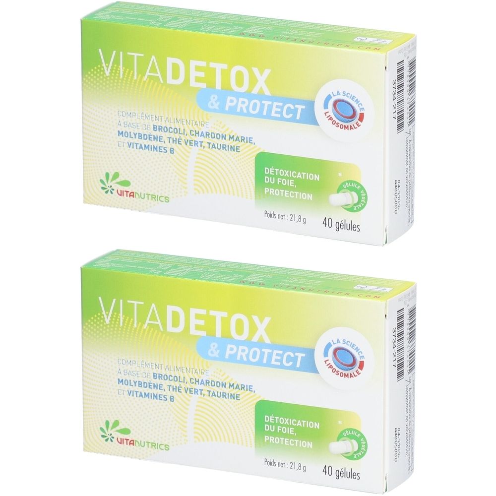 Deux boîtes de Vitanutrics VITADETOX & PROTECT. Boîtes blanches avec texte vert et bleu. Contient 40 gélules.