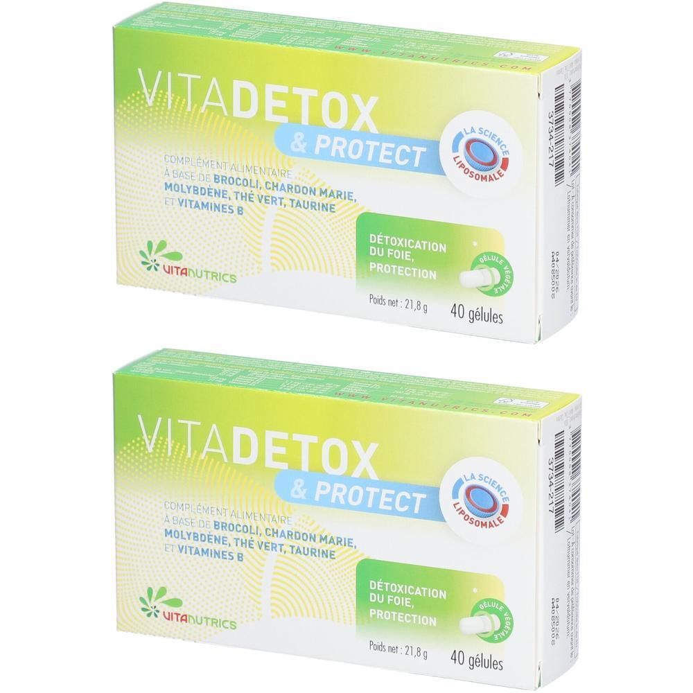 Deux boîtes de Vitanutrics VITADETOX & PROTECT. Boîtes blanches avec texte vert et bleu. Contient 40 gélules.