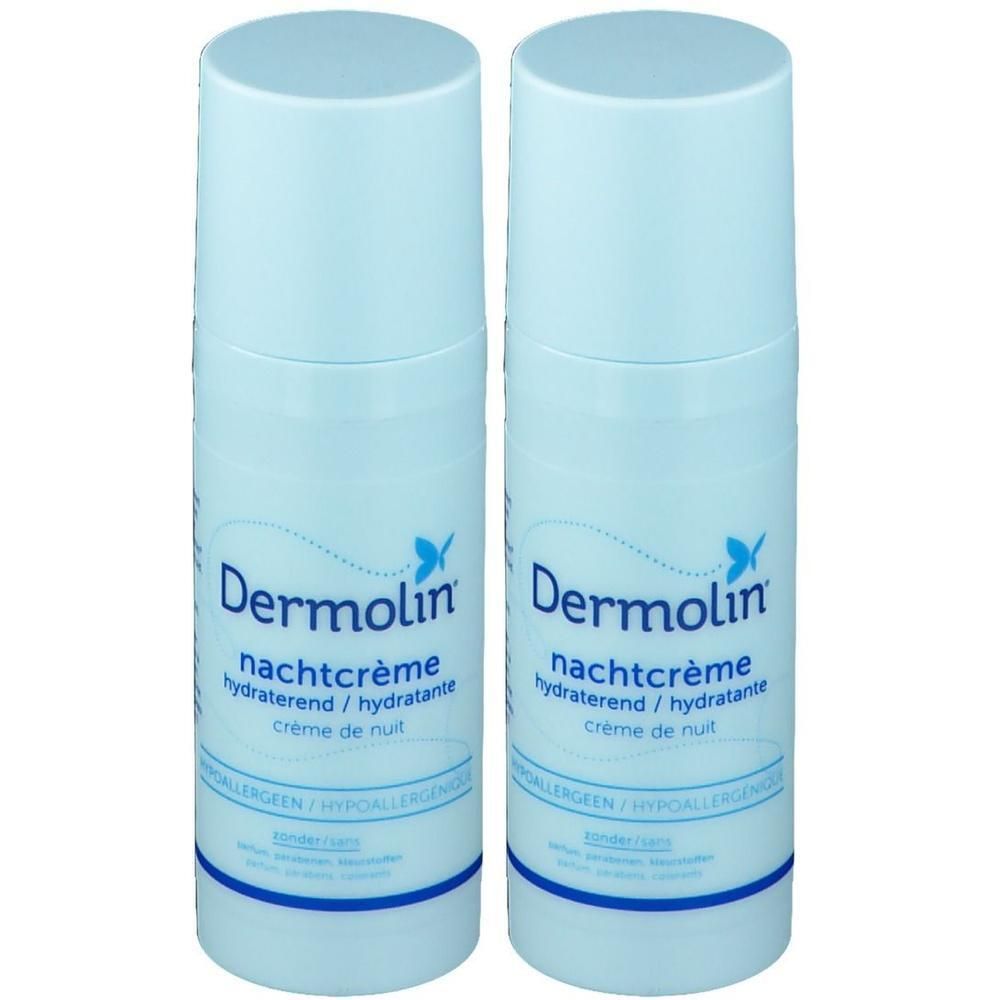 Deux flacons bleus de crème de nuit Dermolin. Inscription : Nachtcrème, hydraterend, crème de nuit. Hypoallergénique.