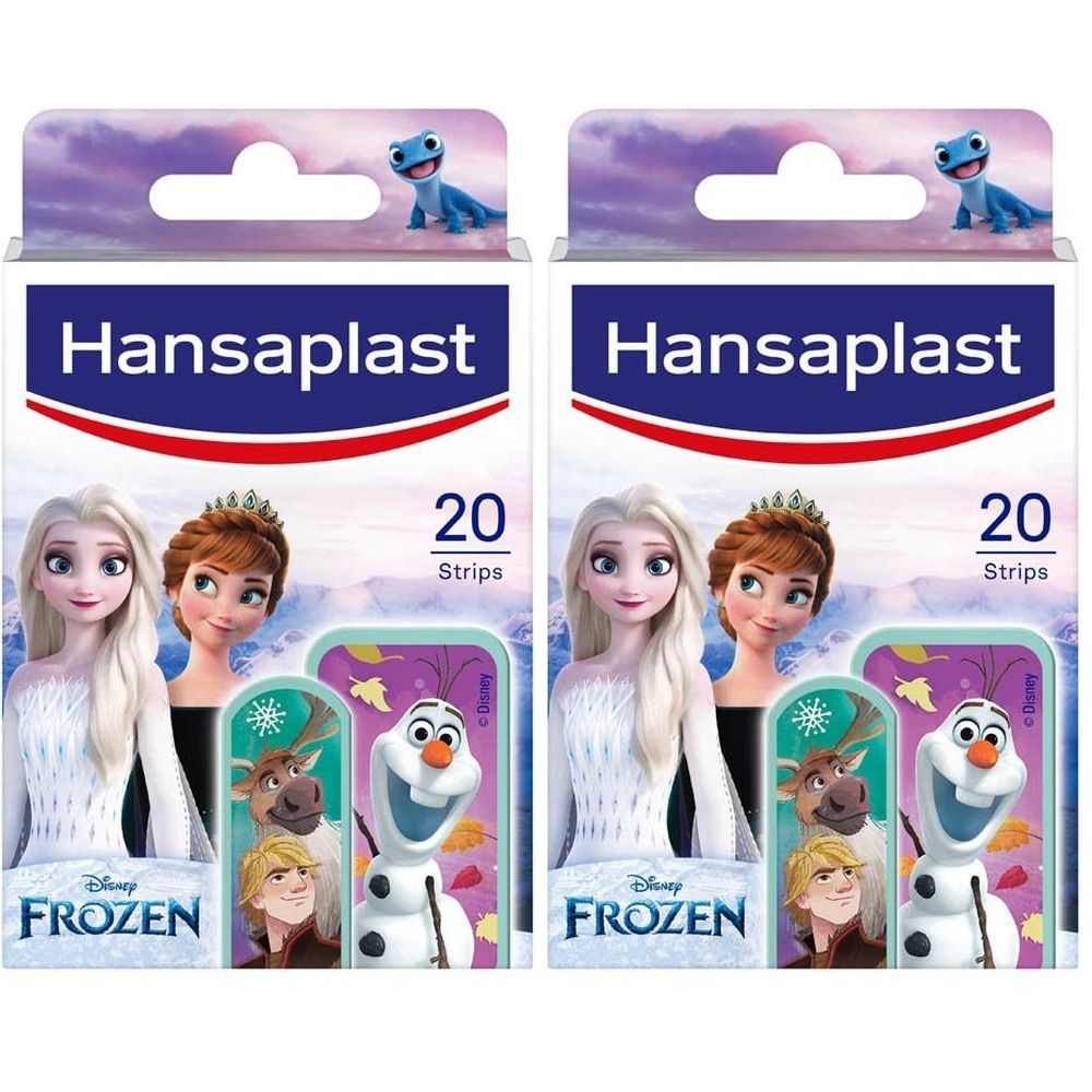 Deux boîtes de pansements Hansaplast Kids FROZEN. Chaque boîte présente des personnages FROZEN et contient 20 strips. Logo Hansaplast en haut.