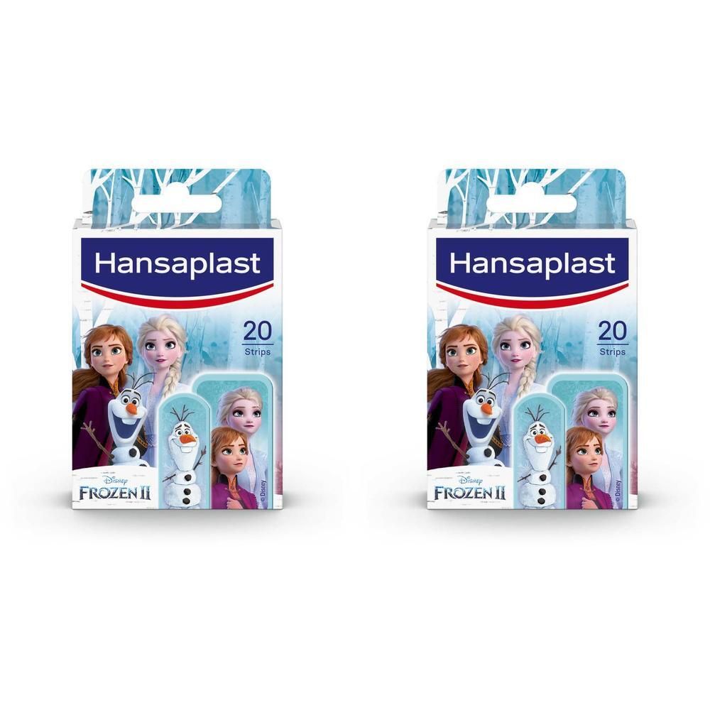 Deux boîtes de pansements Hansaplast Kids FROZEN. Chaque boîte présente des personnages FROZEN et contient 20 strips. Logo Hansaplast en haut.
