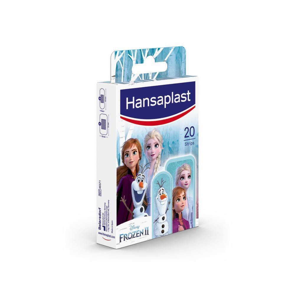Emballage de pansements Hansaplast Kids FROZEN. Montre des personnages FROZEN et contient 20 strips. Logo Hansaplast en haut. Emballage en perspective.