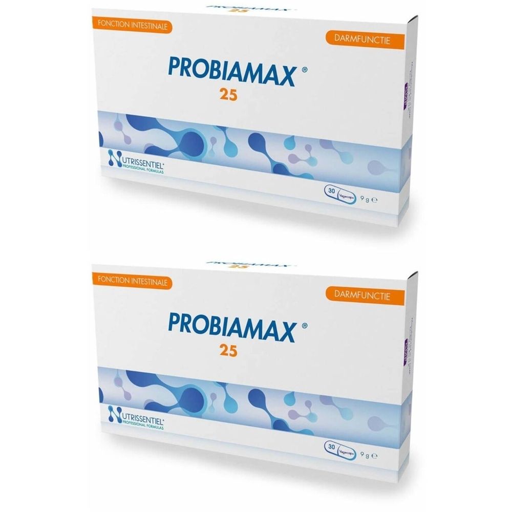 Deux boîtes de Probiamax 25. Emballage blanc avec motif bleu et nom du produit. Fonction intestinale.