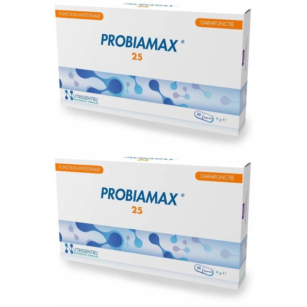 Deux boîtes de Probiamax 25. Emballage blanc avec motif bleu et nom du produit. Fonction intestinale.