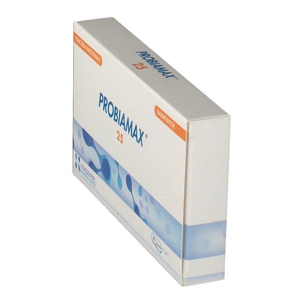 Boîte Probiamax 25. Emballage blanc avec motif bleu et nom du produit. Fonction intestinale.