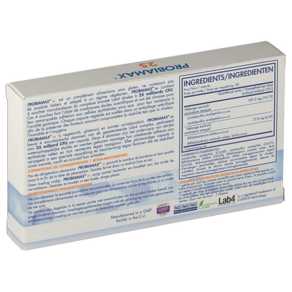 Dos de la boîte Probiamax 25. Contient des informations sur les ingrédients et les conditions.