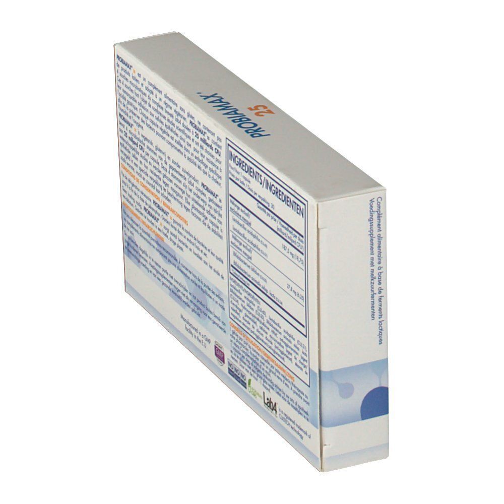 Côté de la boîte Probiamax 25. Contient des informations sur les ingrédients et les conditions.