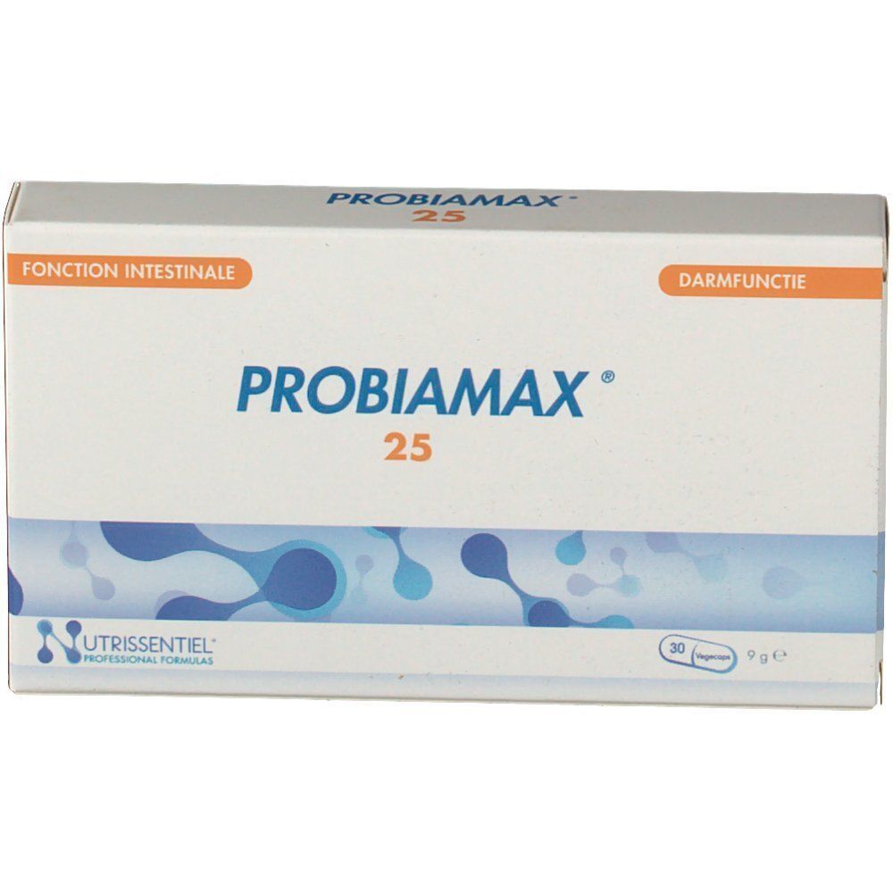 Boîte Probiamax 25. Emballage blanc avec motif bleu et nom du produit. Fonction intestinale.
